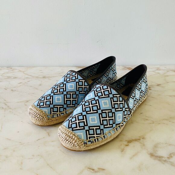 Tory Burch Shoes - TORY BURCH Blue Brown 4T Logo Print Canvas/Veg Leather Espadrille Flats - US 6.5